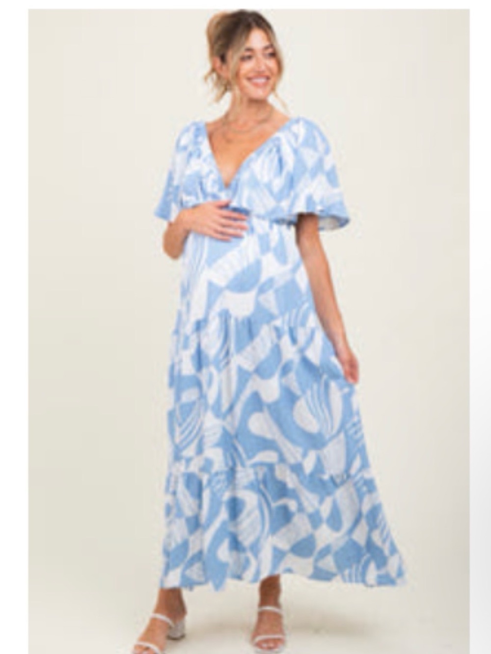 Pink Lily Blue Sleeveless Smocked Back Printed Maternity Maxi Dress